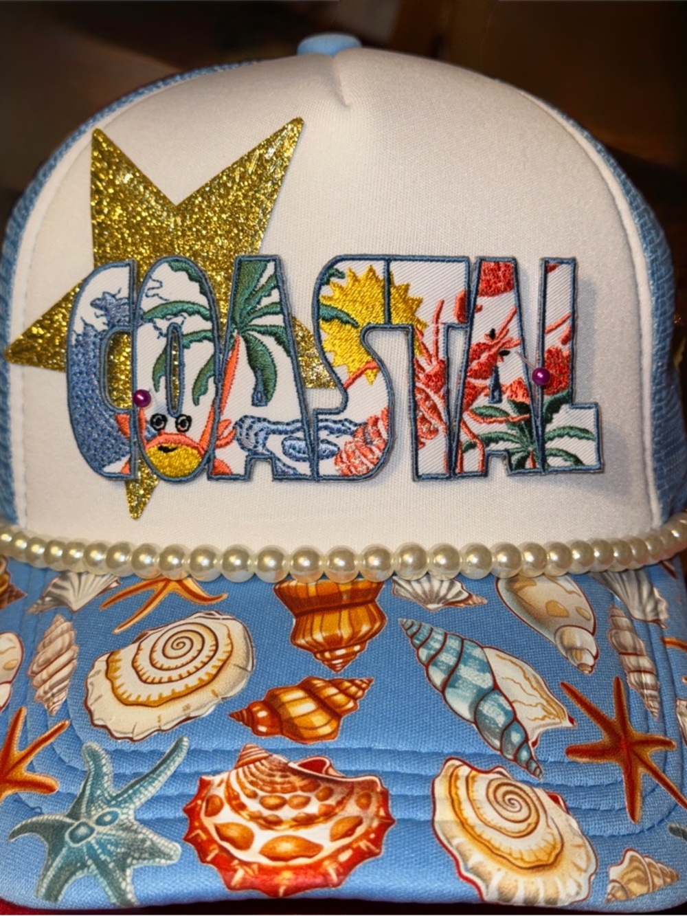 Cutest Coastal Trucker Hat with Pearl Hat Chain